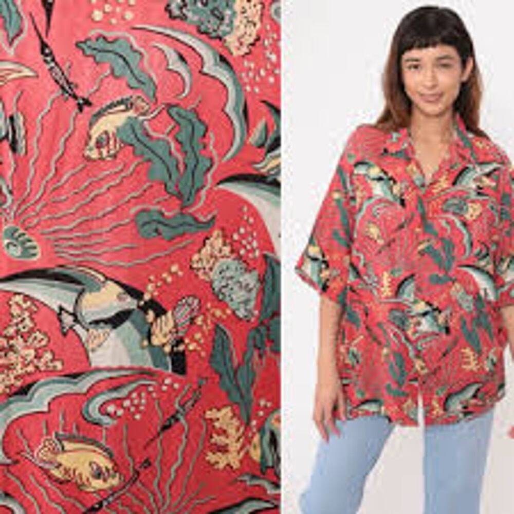 Vintage Reyn Spooner ShirtTropical Fish Print Coral Red Size Large Hawaii Luau